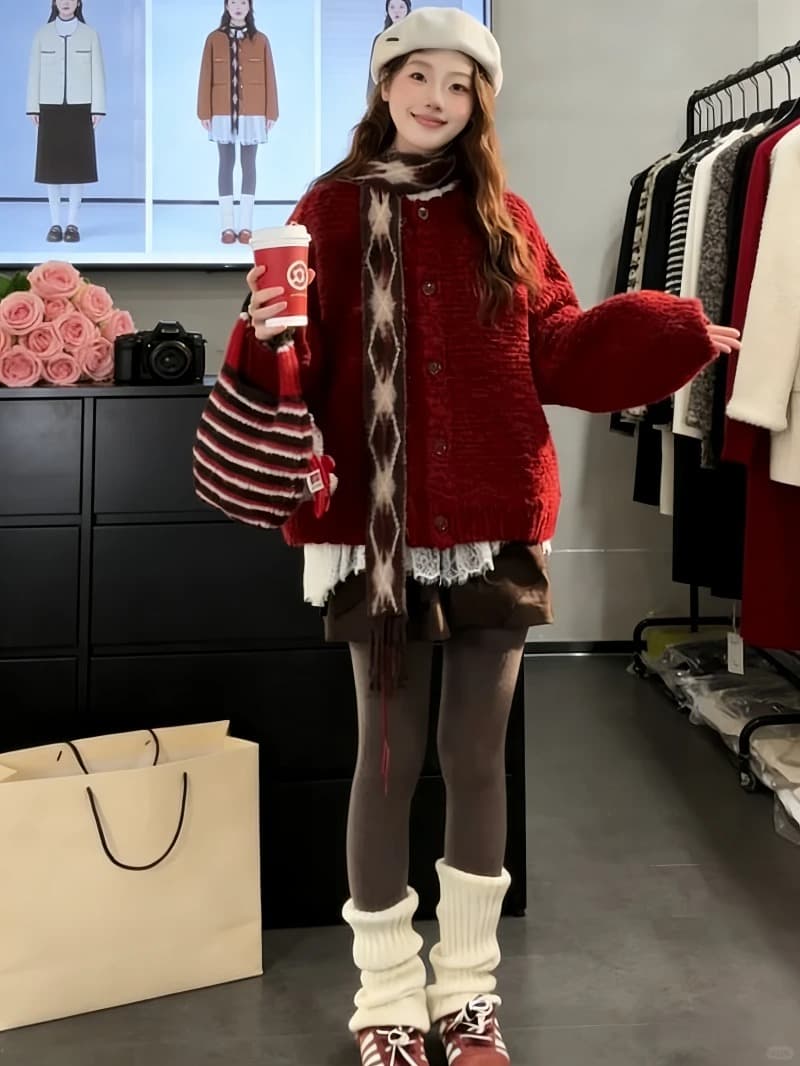 한 부서 부드러운 찹쌀 레트로 두꺼운 신년 빨간색 스웨터 오픈 가디건 여성 겨울 루즈핏 슬림해 보이는 싱글 줄 버튼 니트 재킷 상세 이미지 27