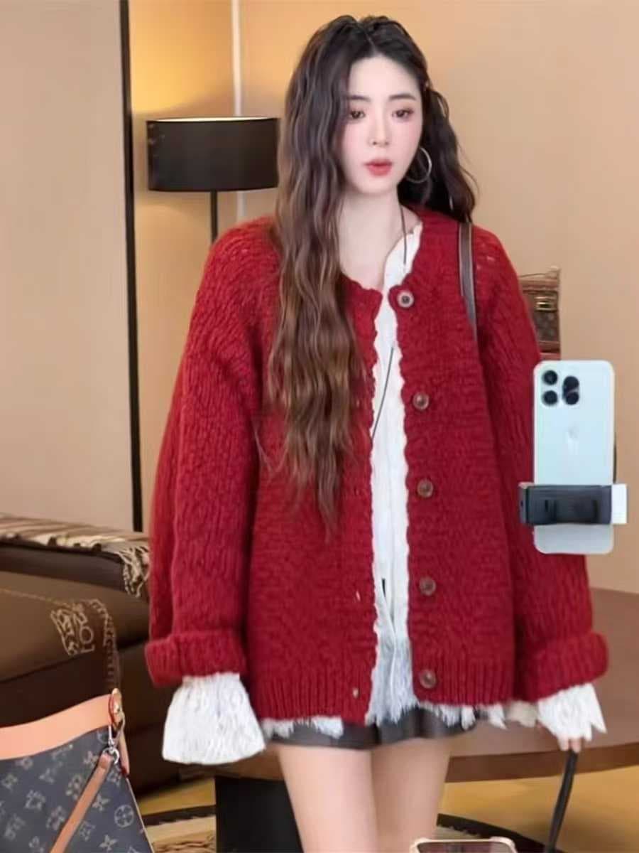 한 부서 부드러운 찹쌀 레트로 두꺼운 신년 빨간색 스웨터 오픈 가디건 여성 겨울 루즈핏 슬림해 보이는 싱글 줄 버튼 니트 재킷 상세 이미지 28