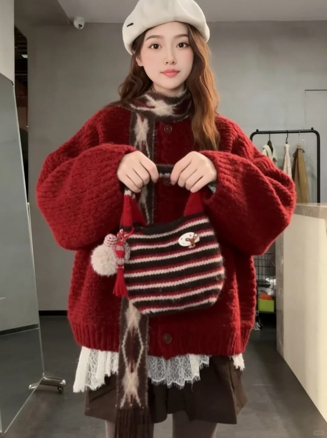 한 부서 부드러운 찹쌀 레트로 두꺼운 신년 빨간색 스웨터 오픈 가디건 여성 겨울 루즈핏 슬림해 보이는 싱글 줄 버튼 니트 재킷 상세 이미지 29