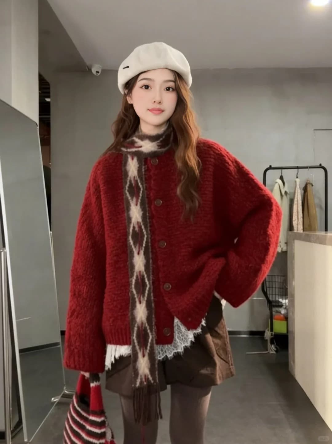 한 부서 부드러운 찹쌀 레트로 두꺼운 신년 빨간색 스웨터 오픈 가디건 여성 겨울 루즈핏 슬림해 보이는 싱글 줄 버튼 니트 재킷 상세 이미지 30