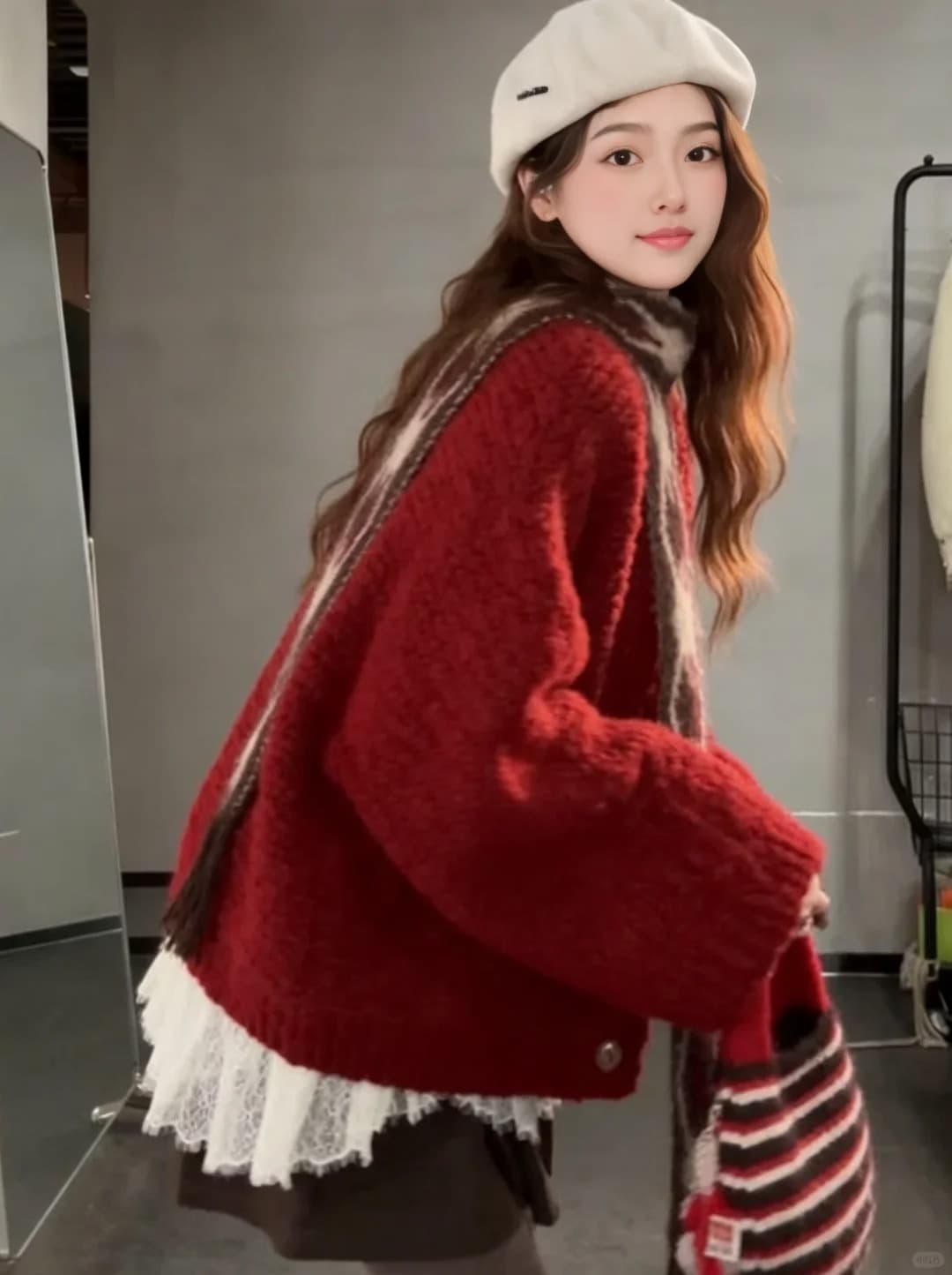 한 부서 부드러운 찹쌀 레트로 두꺼운 신년 빨간색 스웨터 오픈 가디건 여성 겨울 루즈핏 슬림해 보이는 싱글 줄 버튼 니트 재킷 상세 이미지 31