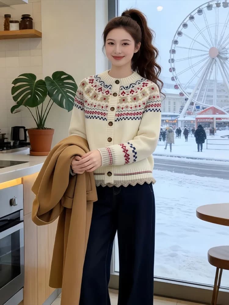공정한 섬 자카드 스웨터 여성 코트 2026 가을 겨울 새로운 느긋한 루즈핏 플러스 두껍고 부드러운 찹쌀 라운드 넥 니트 오픈 가디건 이미지 4