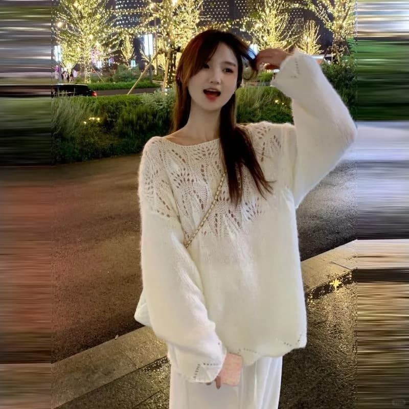 프랑스식 무거운 작업 홀로우 아웃 자수 오프숄더 스웨터 여자 가을 겨울철 새로운 느긋한 바람 루즈핏 슬림해 보이는 니트 스웨터 맨위 이미지 2