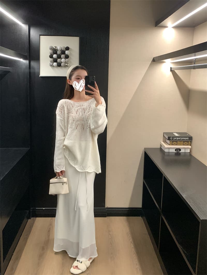 프랑스식 무거운 작업 홀로우 아웃 자수 오프숄더 스웨터 여자 가을 겨울철 새로운 느긋한 바람 루즈핏 슬림해 보이는 니트 스웨터 맨위 상세 이미지 6