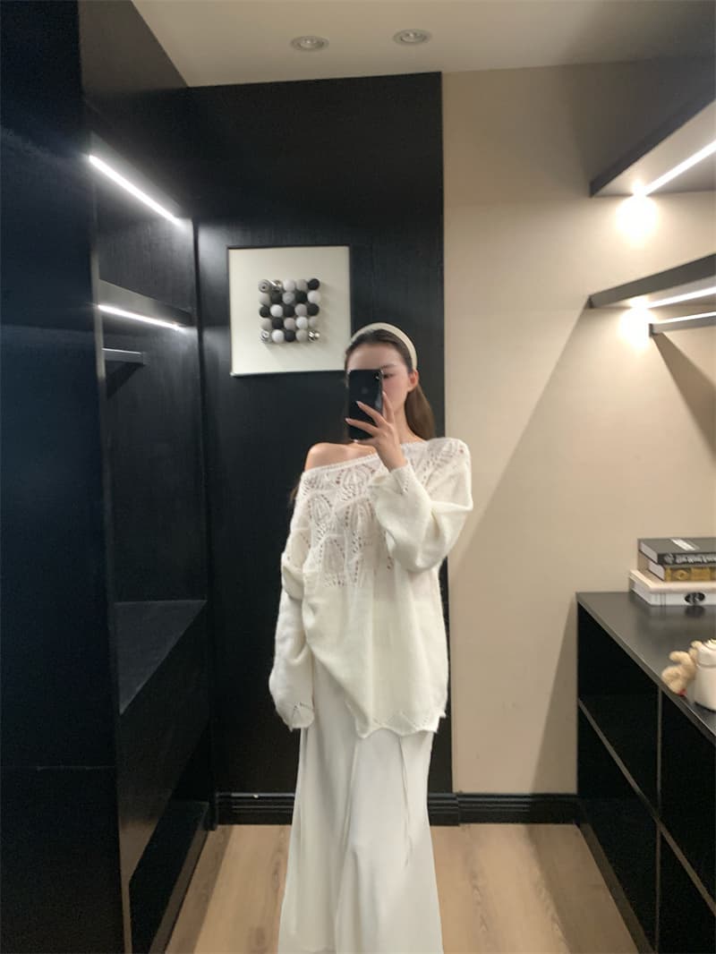 프랑스식 무거운 작업 홀로우 아웃 자수 오프숄더 스웨터 여자 가을 겨울철 새로운 느긋한 바람 루즈핏 슬림해 보이는 니트 스웨터 맨위 상세 이미지 9