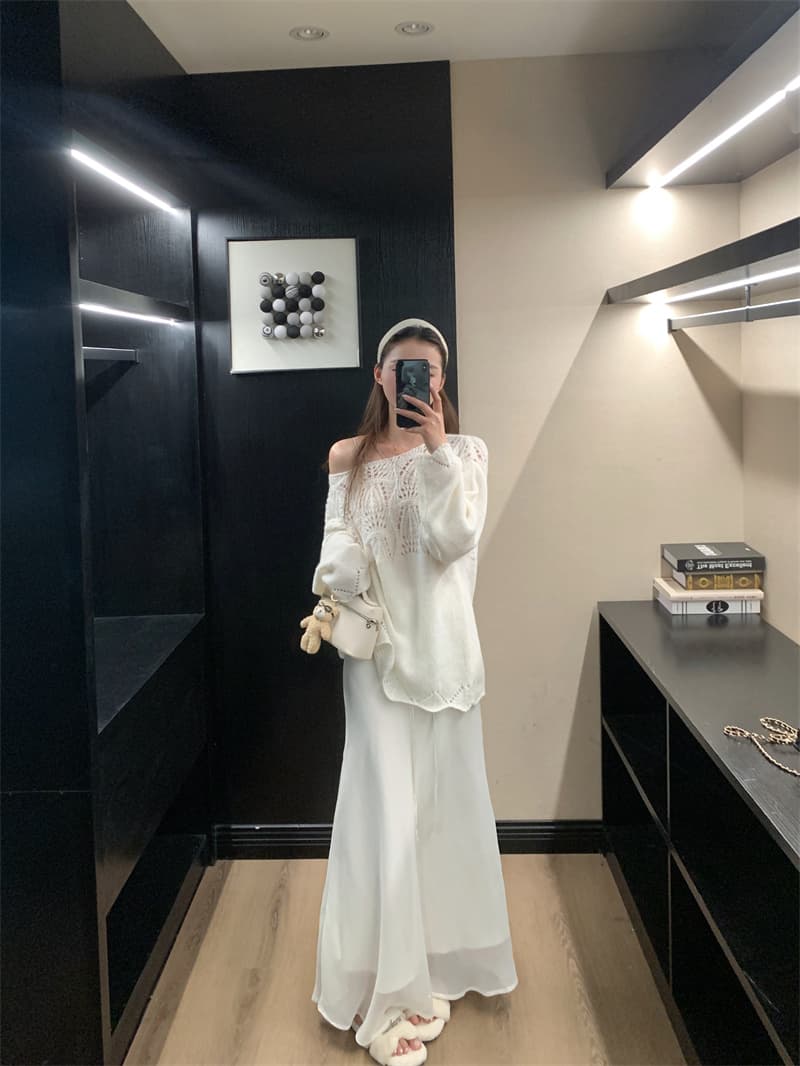 프랑스식 무거운 작업 홀로우 아웃 자수 오프숄더 스웨터 여자 가을 겨울철 새로운 느긋한 바람 루즈핏 슬림해 보이는 니트 스웨터 맨위 상세 이미지 15