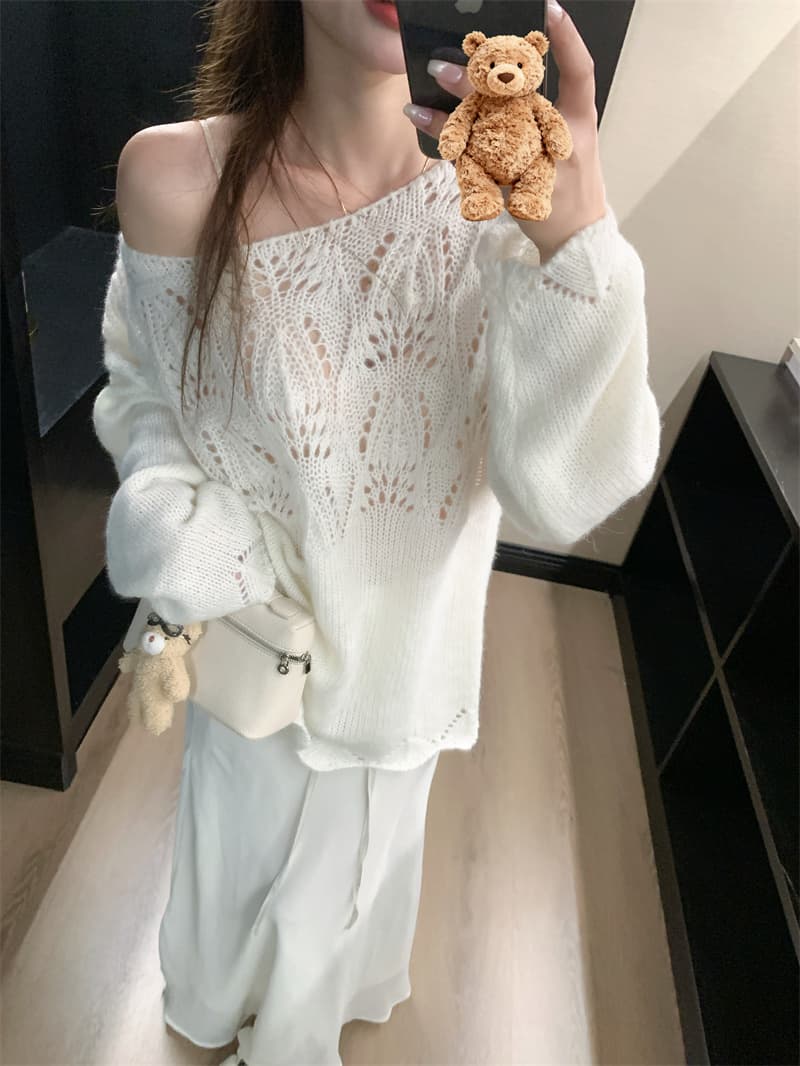 프랑스식 무거운 작업 홀로우 아웃 자수 오프숄더 스웨터 여자 가을 겨울철 새로운 느긋한 바람 루즈핏 슬림해 보이는 니트 스웨터 맨위 상세 이미지 17
