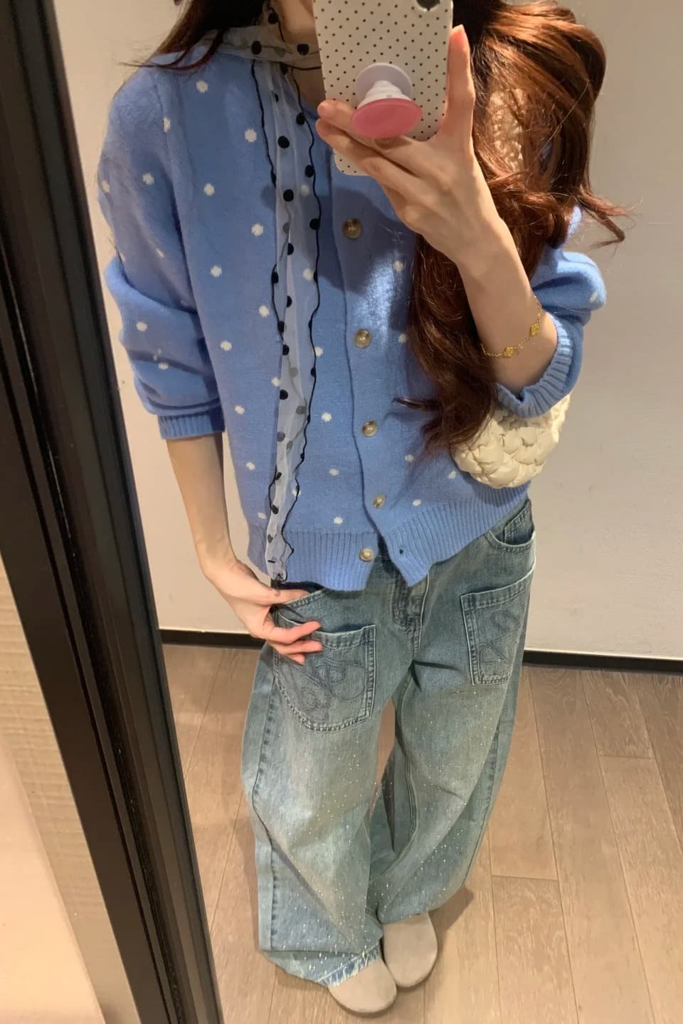 도트 무늬 파란색 오픈 가디건 스웨터 여성 코트 봄 가을 프랑스식 레트로 느긋한 바람 고급 센스 맨위 루즈핏 다용도 이미지 6