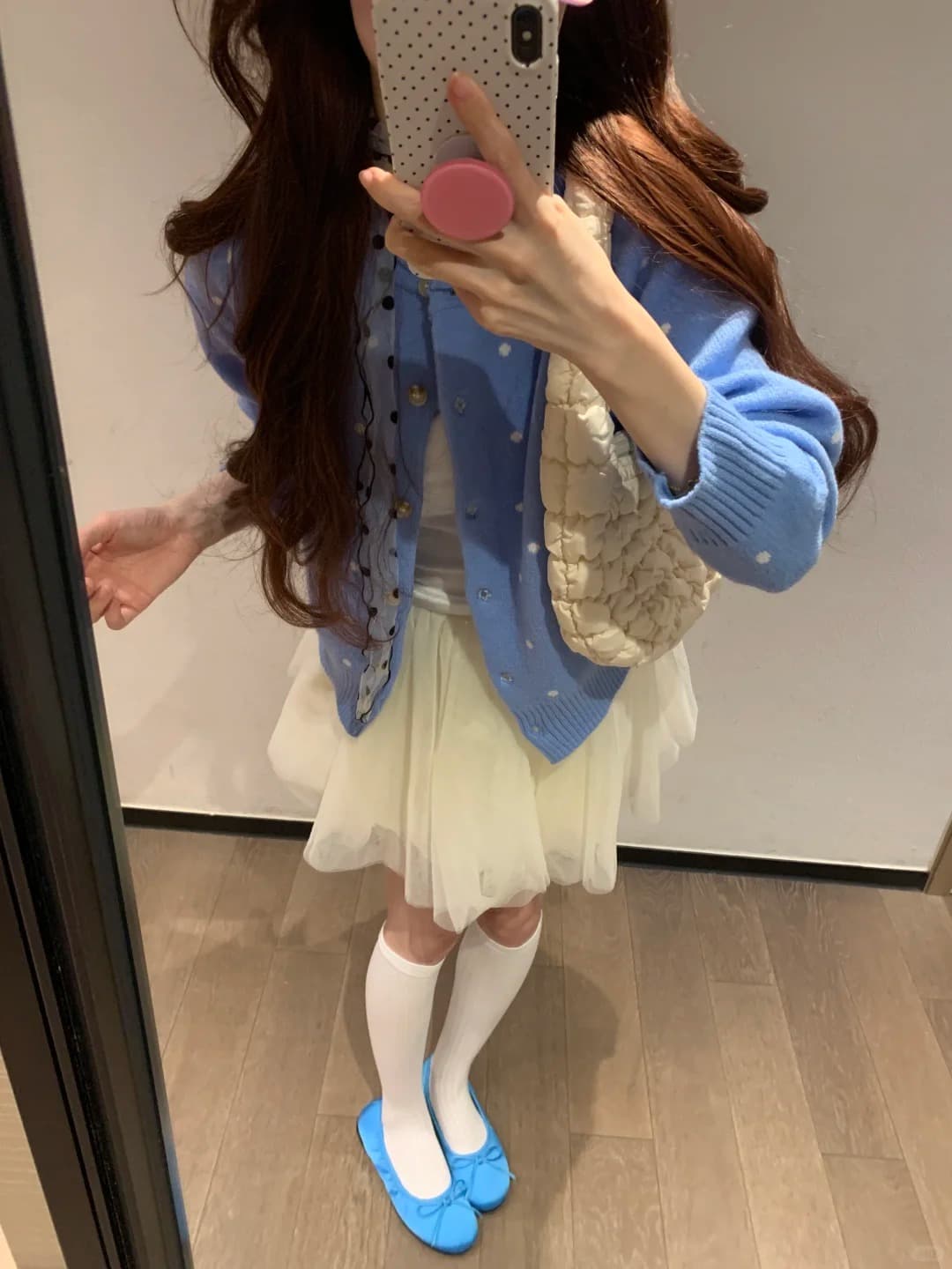 도트 무늬 파란색 오픈 가디건 스웨터 여성 코트 봄 가을 프랑스식 레트로 느긋한 바람 고급 센스 맨위 루즈핏 다용도 상세 이미지 12