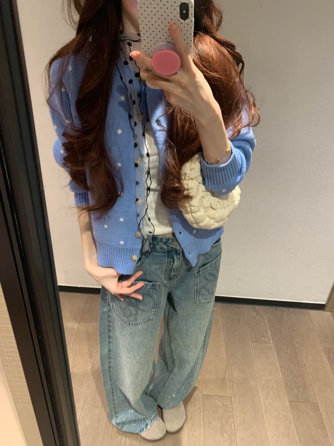 도트 무늬 파란색 오픈 가디건 스웨터 여성 코트 봄 가을 프랑스식 레트로 느긋한 바람 고급 센스 맨위 루즈핏 다용도 상세 이미지 13