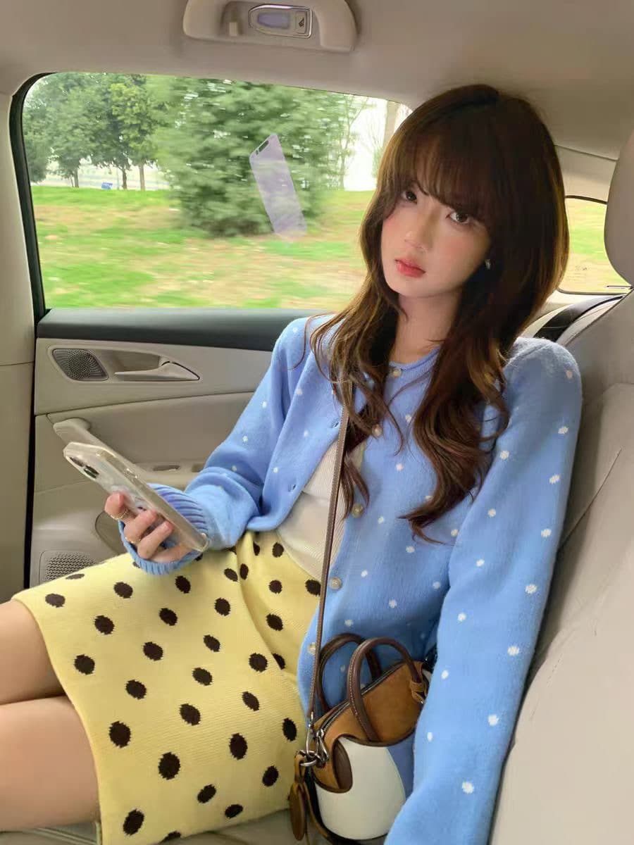 도트 무늬 파란색 오픈 가디건 스웨터 여성 코트 봄 가을 프랑스식 레트로 느긋한 바람 고급 센스 맨위 루즈핏 다용도 상세 이미지 3