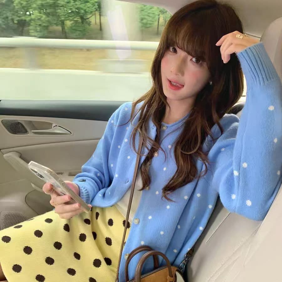 도트 무늬 파란색 오픈 가디건 스웨터 여성 코트 봄 가을 프랑스식 레트로 느긋한 바람 고급 센스 맨위 루즈핏 다용도 상세 이미지 5