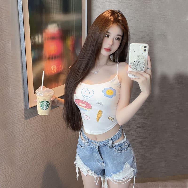 화이트 순수한 색 욕망 벨트 가슴 패드 인사이드 가져 가라. 캐미솔 인사이드 가져 가라. 여름 외출용 섹시함 핫걸 쇼트 스타일 프린트 맨위 이미지 5