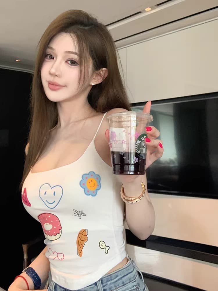 화이트 순수한 색 욕망 벨트 가슴 패드 인사이드 가져 가라. 캐미솔 인사이드 가져 가라. 여름 외출용 섹시함 핫걸 쇼트 스타일 프린트 맨위 상세 이미지 19