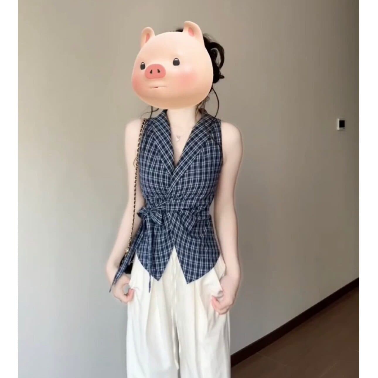 원본 공예 원단 프랑스식 V넥 나비 매듭 스트랩 파란색 격자 무늬 셔츠