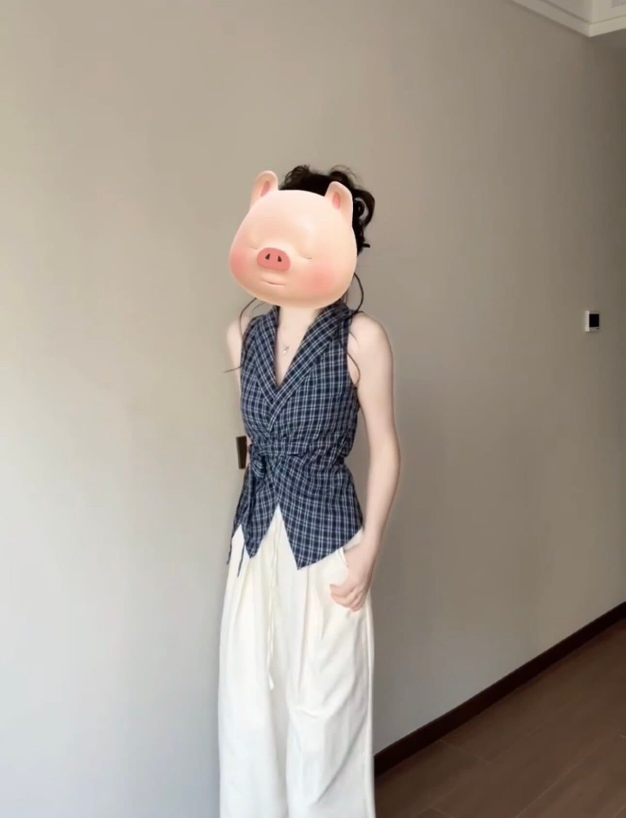 원본 공예 원단 프랑스식 V넥 나비 매듭 스트랩 파란색 격자 무늬 셔츠 상세 이미지 8