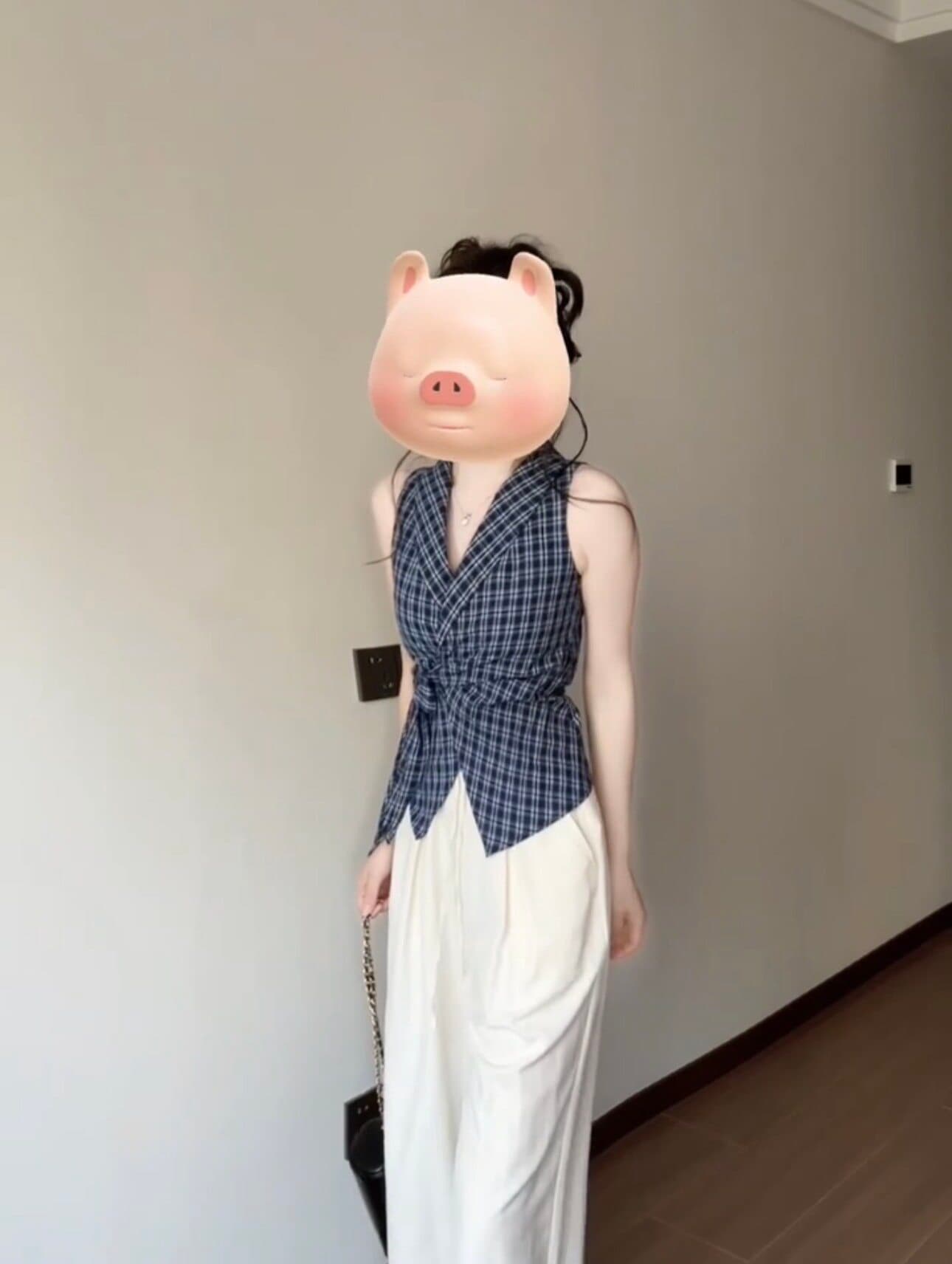 원본 공예 원단 프랑스식 V넥 나비 매듭 스트랩 파란색 격자 무늬 셔츠 상세 이미지 9