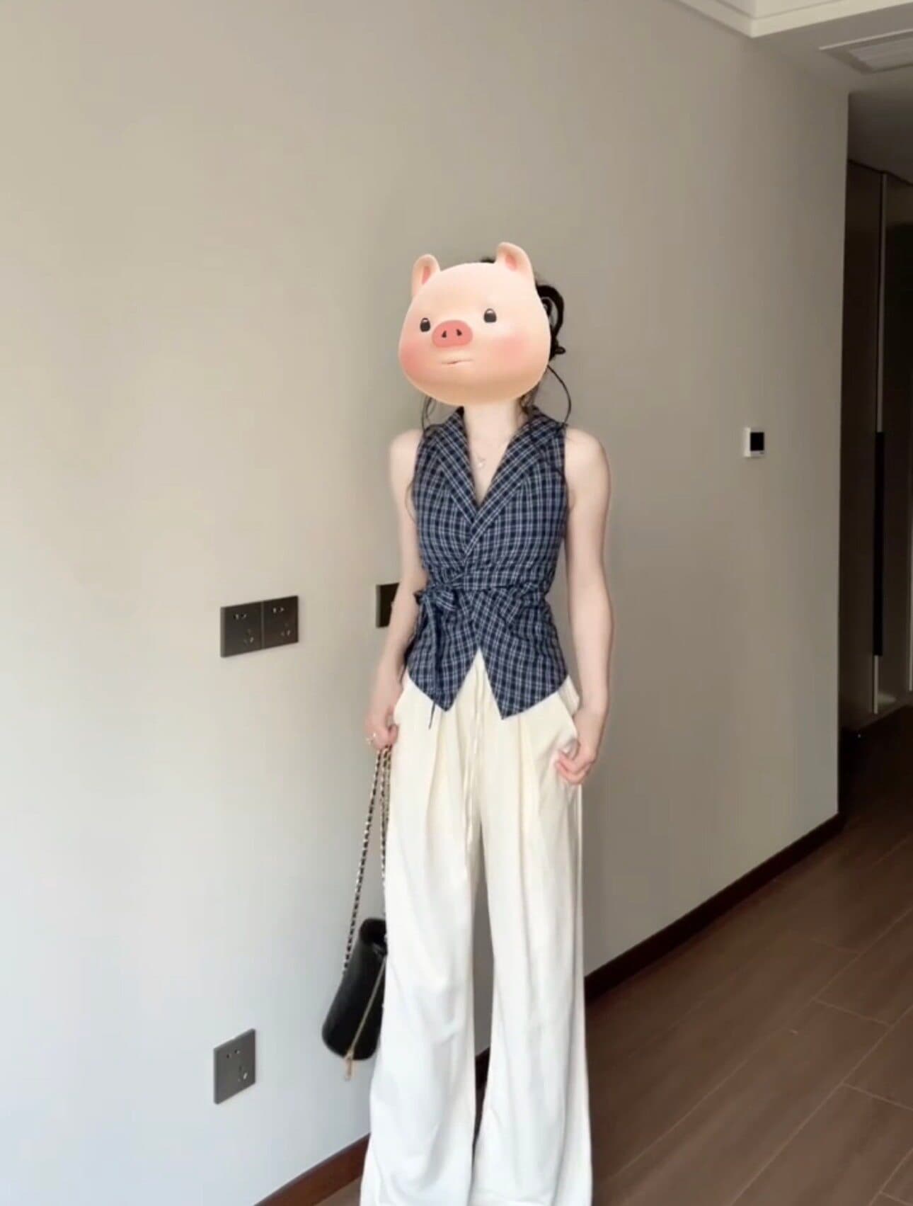 원본 공예 원단 프랑스식 V넥 나비 매듭 스트랩 파란색 격자 무늬 셔츠 상세 이미지 11