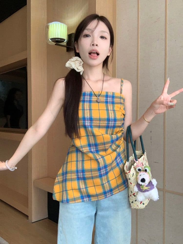 원본 높은 품질 원단 황색 체크무늬 슬립 외출용 배색 조끼 불규칙 Chic 주름 민소매 맨위 상세 이미지 18