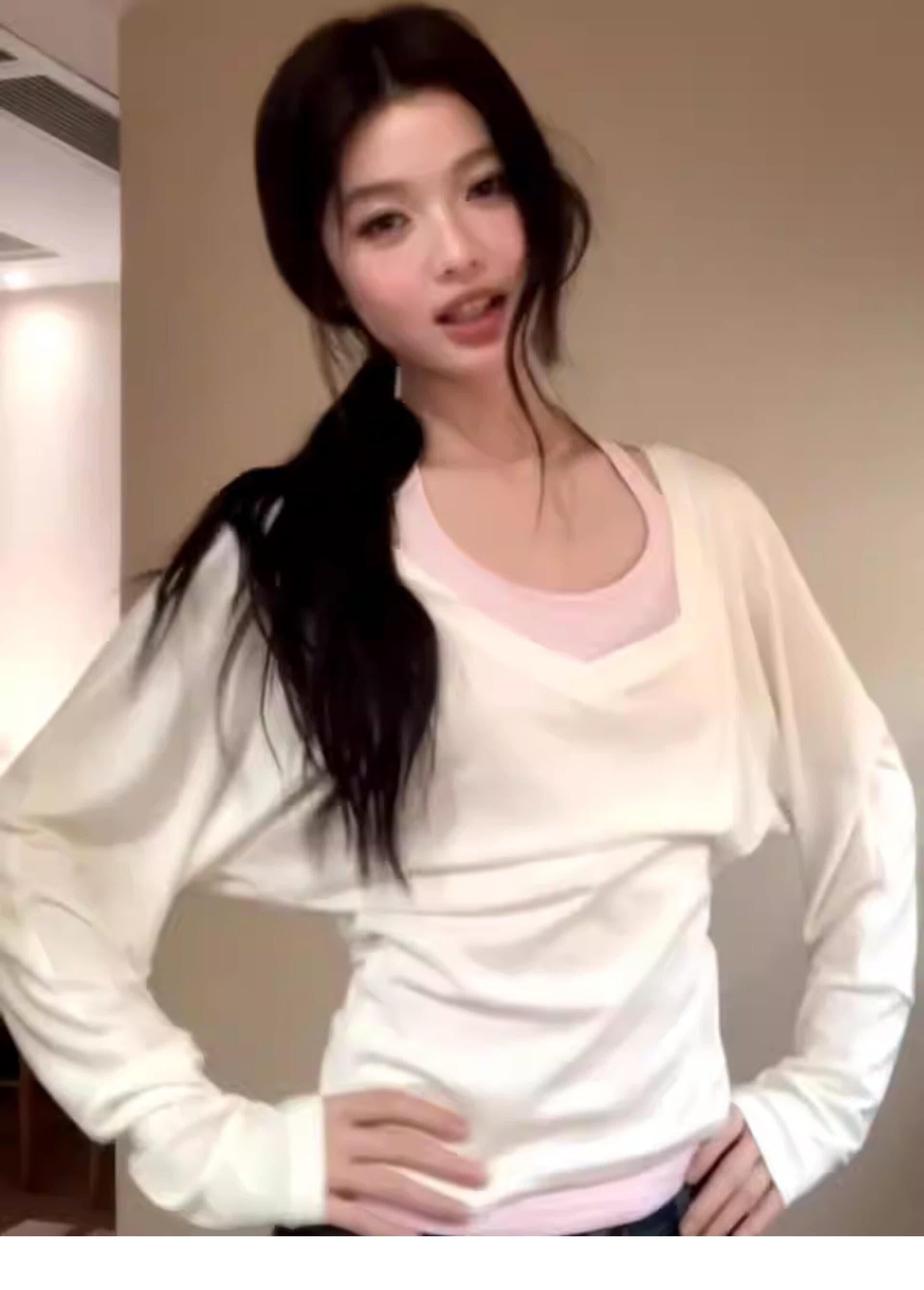 경관 그림 정가 한 부서 레트로 핑크색 행침 목 슬립 긴팔 티셔츠 몸매 가꾸기 슬림해 보이는 만나는 스택 착용 투피스 세트 상세 이미지 1