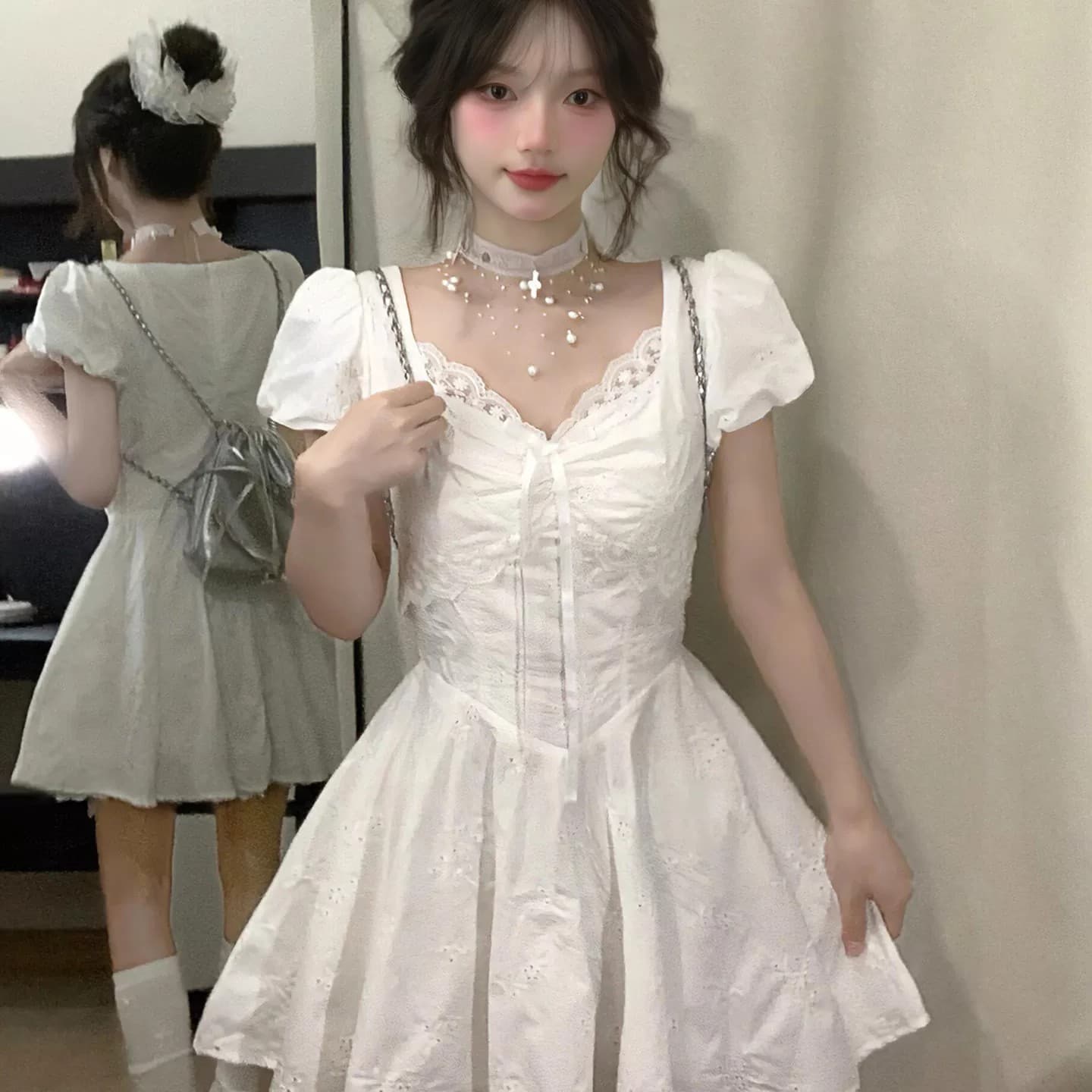 원본 원단 것 있음 안감 프랑스식 달콤함 화이트 V넥 여성 드레스 여름 거품 소매 샤오 바이 치마