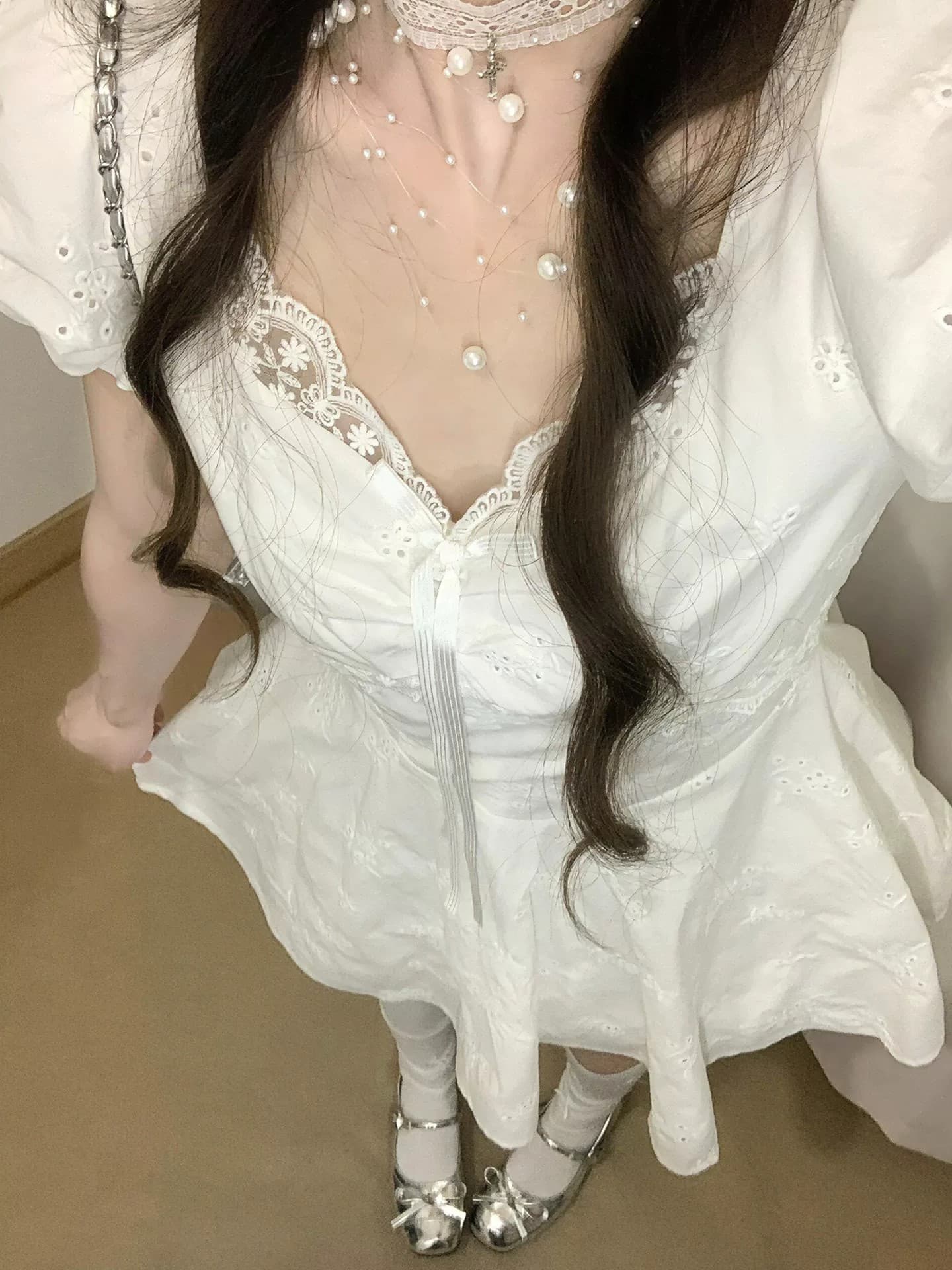 원본 원단 것 있음 안감 프랑스식 달콤함 화이트 V넥 여성 드레스 여름 거품 소매 샤오 바이 치마 상세 이미지 4