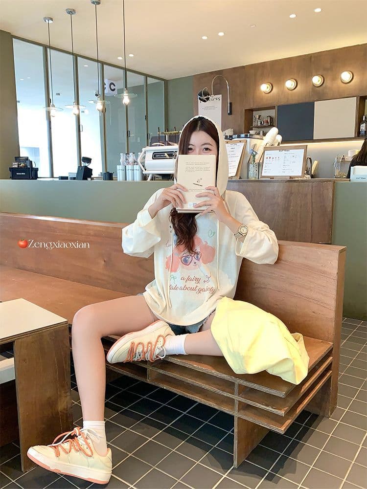 한 번 작은 짭짤한 한 부서 귀여운 고유 한 후드 루즈핏 긴팔 맨위 여성 얇은 스타일 자외선 차단 블라우스 티셔츠 조기 여름 이미지 2