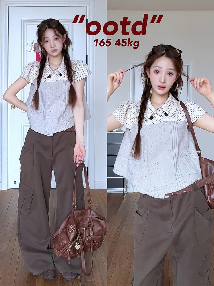 한 부서 소녀 센스 도트 무늬 베이비 칼라 여성 셔츠 플리츠 패치워크 색상 달콤함 쇼트 스타일 맨위 셔츠