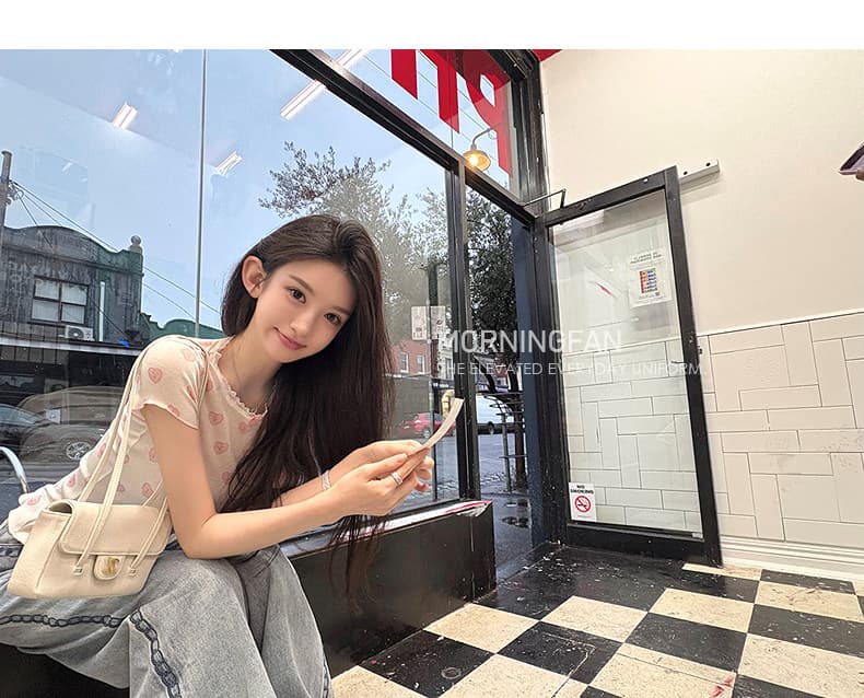 순수한 욕망 바람 하트 프린트 긍정적 인 어깨 반팔 티셔츠 여성 여름 몸매 가꾸기 슬림해 보이는 레이스 레이스 쇼트 스타일 핫걸 맨위 상세 이미지 16