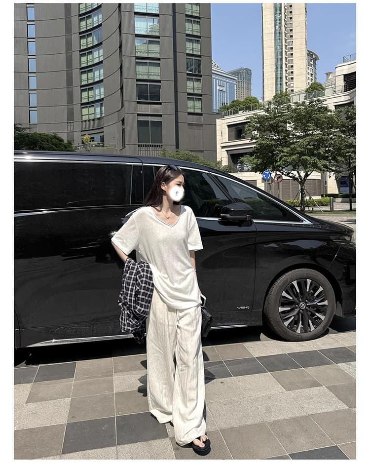 화이트 반팔 티셔츠 여성 의류 V넥 2026 봄 여름 새로운 루즈핏 대나무 마디 면 린넨 반소매 얼음 실크 얇은 스타일 작은 맨위 상세 이미지 1