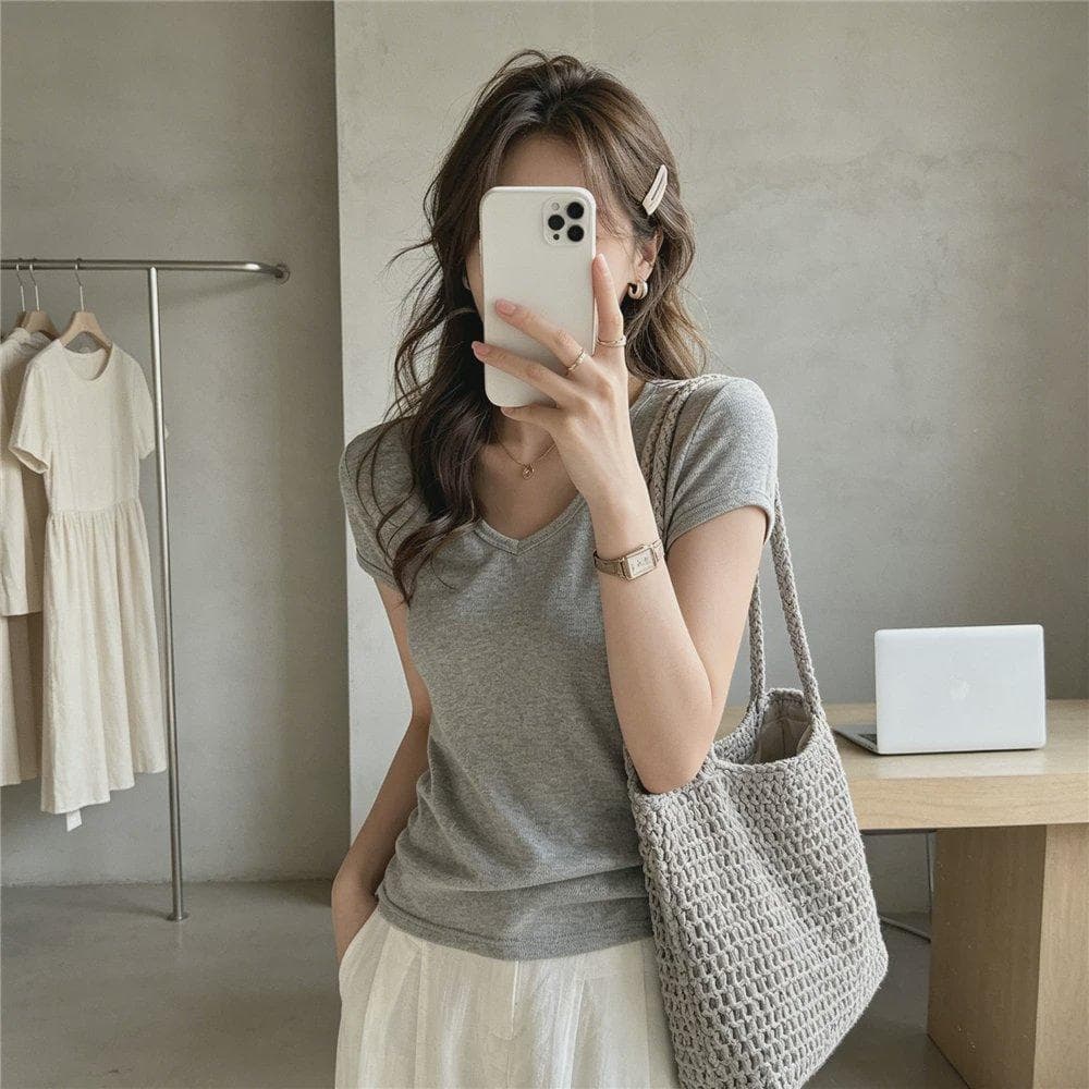 미니멀리즘 단색 박하 녹색 몸매 가꾸기 긍정적 인 어깨 티셔츠 여성 디자인 센스 V넥 작은 대중 인사이드 가져 가라. 반팔 눈꽃 면 맨위 서비스 상세 이미지 15