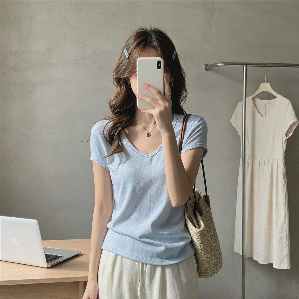 미니멀리즘 단색 박하 녹색 몸매 가꾸기 긍정적 인 어깨 티셔츠 여성 디자인 센스 V넥 작은 대중 인사이드 가져 가라. 반팔 눈꽃 면 맨위 서비스 상세 이미지 21