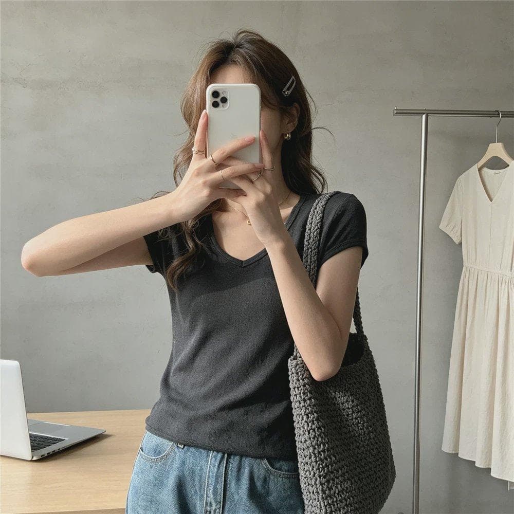 미니멀리즘 단색 박하 녹색 몸매 가꾸기 긍정적 인 어깨 티셔츠 여성 디자인 센스 V넥 작은 대중 인사이드 가져 가라. 반팔 눈꽃 면 맨위 서비스 상세 이미지 23