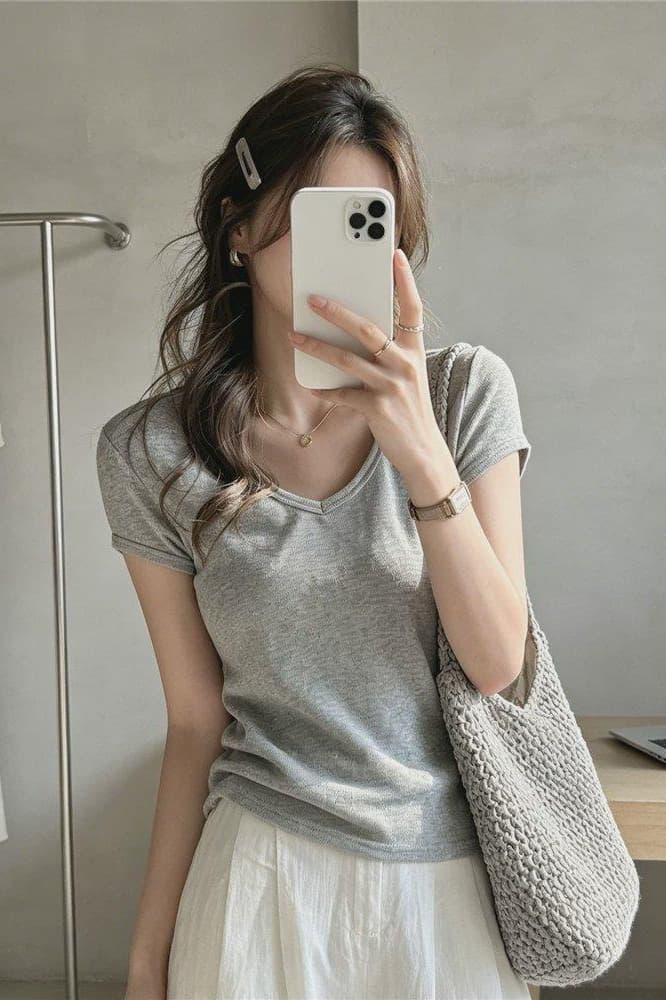 미니멀리즘 단색 박하 녹색 몸매 가꾸기 긍정적 인 어깨 티셔츠 여성 디자인 센스 V넥 작은 대중 인사이드 가져 가라. 반팔 눈꽃 면 맨위 서비스 이미지 6