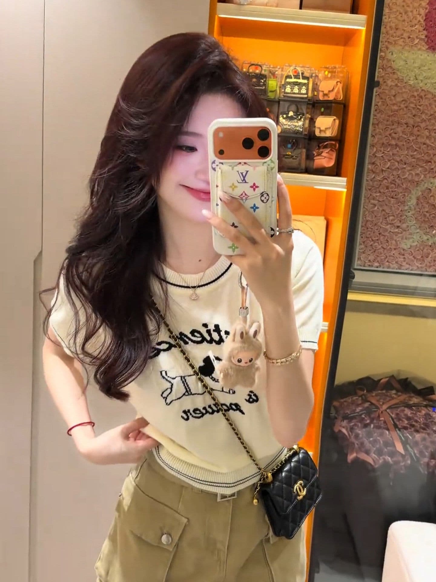한 부서 살구 색상 강아지 자카드 니트 반팔 티셔츠 여성 여름 얇은 스타일 작은 키 몸매 가꾸기 슬림해 보이는 쇼트 스타일 맨위 이미지 4