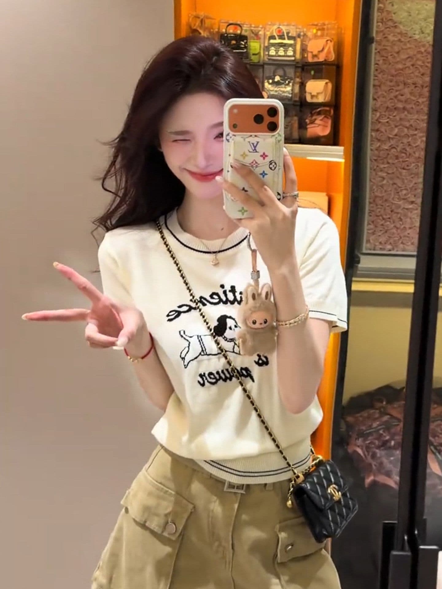 한 부서 살구 색상 강아지 자카드 니트 반팔 티셔츠 여성 여름 얇은 스타일 작은 키 몸매 가꾸기 슬림해 보이는 쇼트 스타일 맨위 이미지 2
