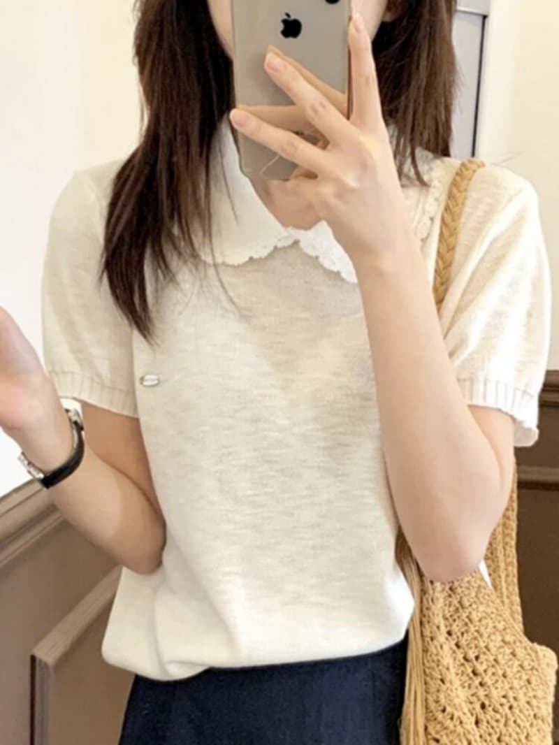작은 청신 한 부서 베이비 칼라 반팔 니트 스웨터 여성 새로운 달콤함 연령 감소 니트 맨위 상세 이미지 5