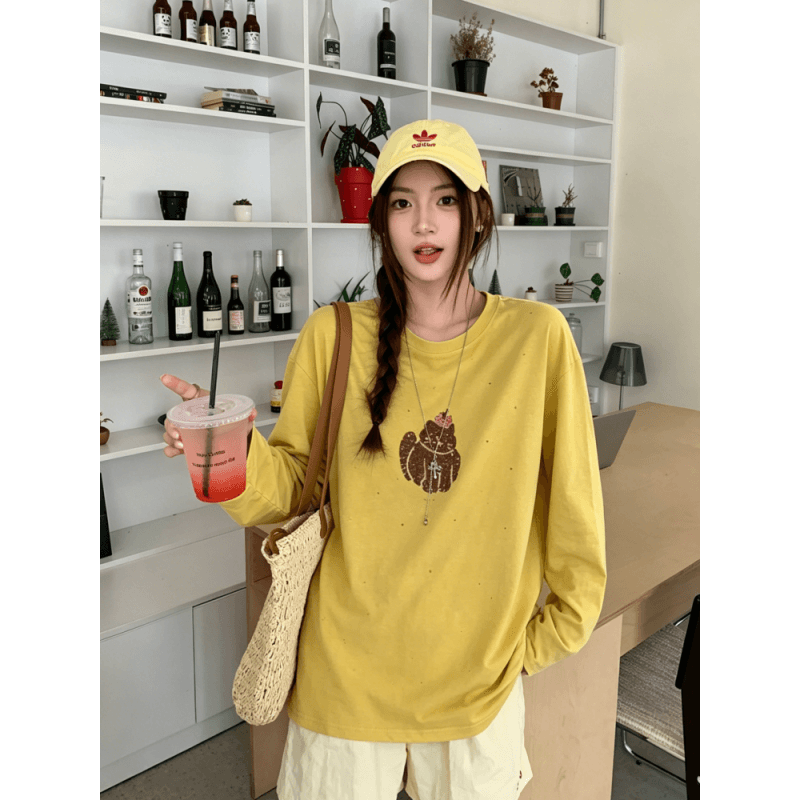 라이 경기 서울 루즈핏 여름 섹션 고양이 프린트 핫픽스 도루 가을 센스 긴팔 자외선 차단 맨위 여성 마이크로 ~을 통해 블라우스 티셔츠 상세 이미지 2