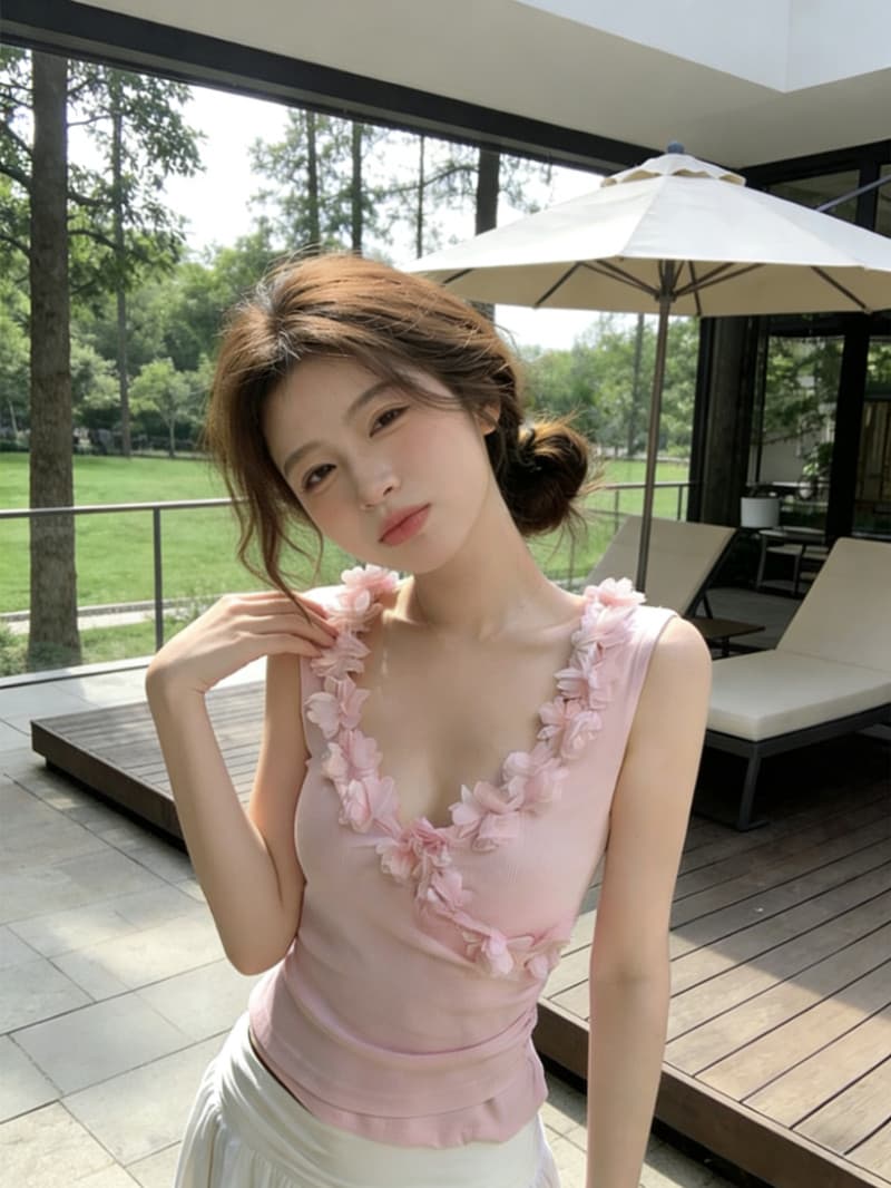 kumikumi 프랑스식 연령 감소 핑크색 V넥 꽃 캐미솔 여성 의류 여름 몸매 가꾸기 슬림해 보이는 민소매 맨위 상세 이미지 2