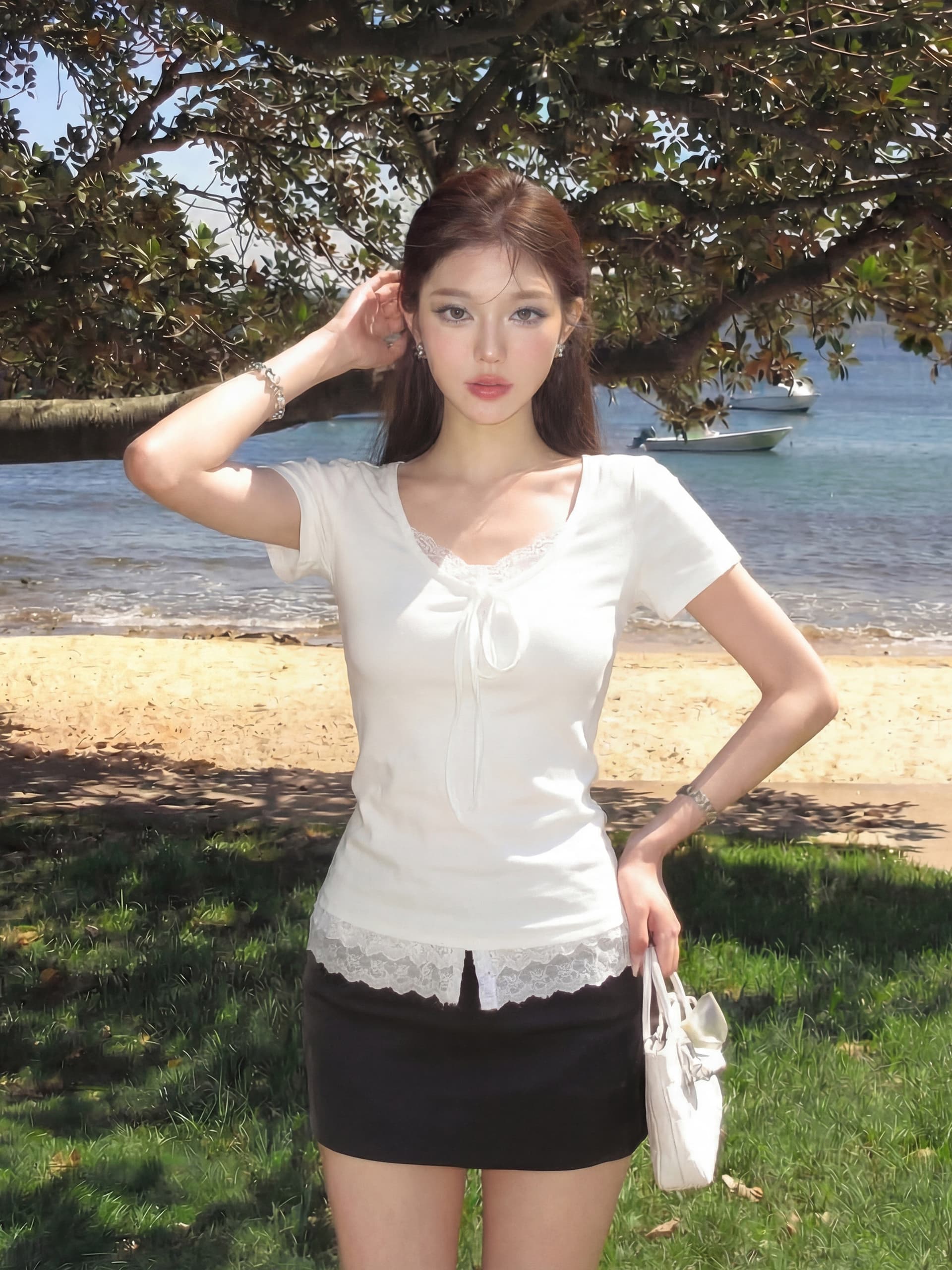 한 부서 질감 센스 레이스 V넥 반팔 티셔츠 여성 여름 새로운 레이스업 몸매 가꾸기 디자인 다용도 슬림해 보이는 맨위 상세 이미지 5