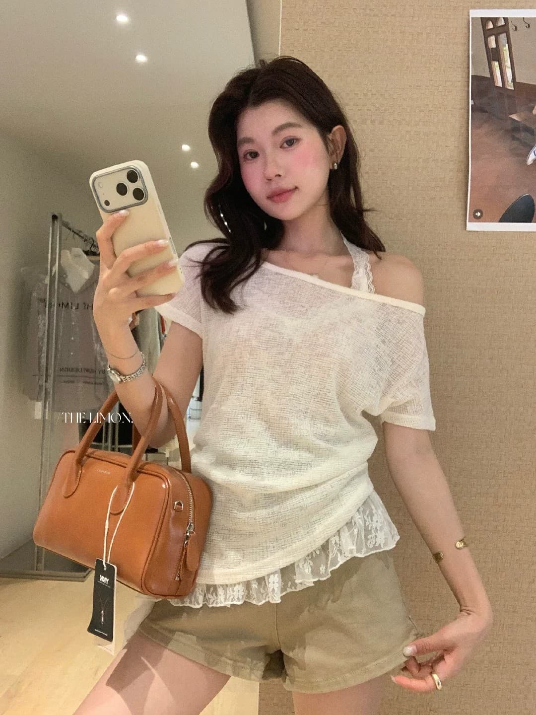 원본 원단 자외선 차단 블라우스 여성 여름 반팔 티셔츠 오프숄더 비스듬한 어깨 의류 행침 목 인사이드 가져 가라. 투피스 세트 상세 이미지 6