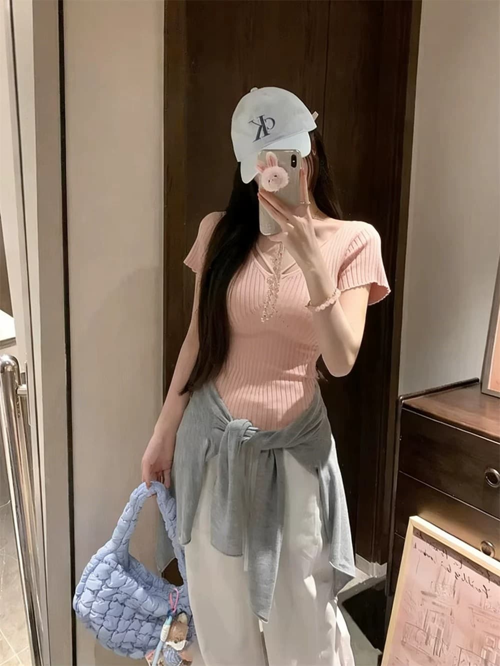 패키지 코어 실 순수한 욕망 화이트 V넥 반팔 니트 티셔츠 몸매 가꾸기 디자인 센스 작은 대중 핫걸 타이트 허리 수축 맨위 상세 이미지 4