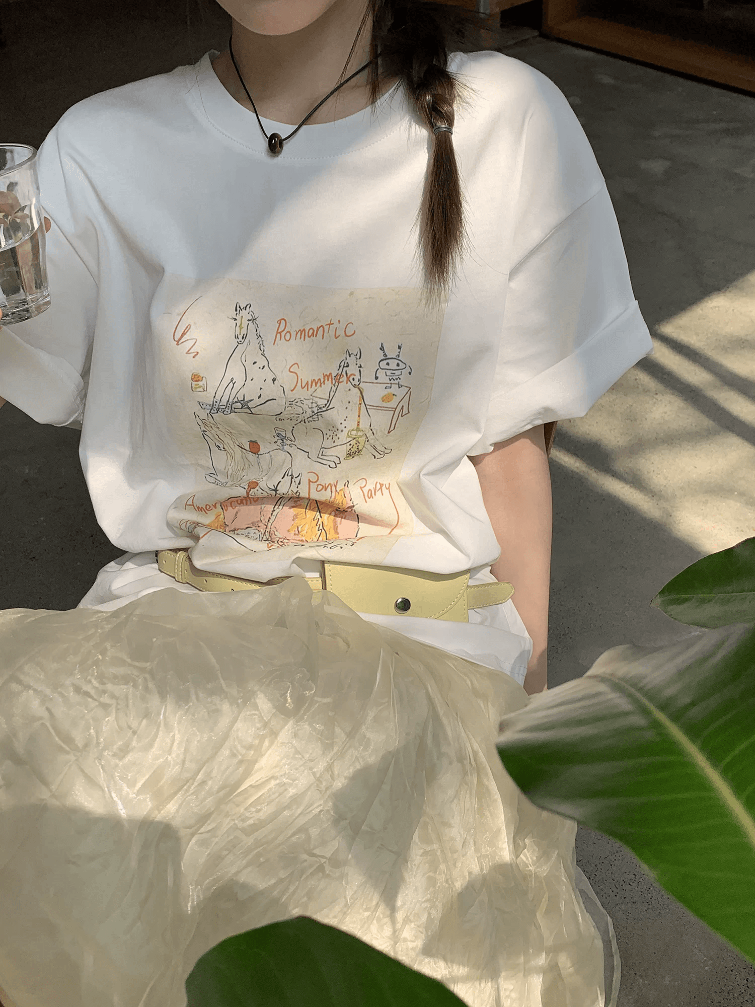 수채화 만화 프린트 oversize 라운드 넥 반팔 루즈핏 티셔츠 2026 달콤함 소녀 맨위 상세 이미지 6