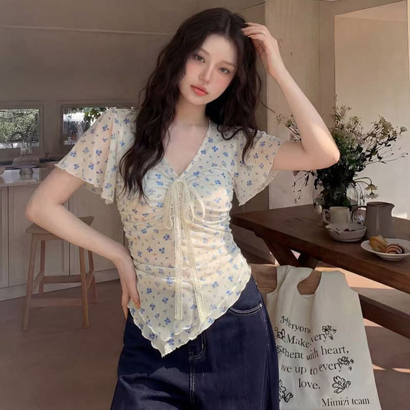 순수한 욕망 바람 꽃무늬 반팔 티셔츠 여름 새로운 몸매 가꾸기 슬림해 보이는 디자인 센스 망사 레이스업 맨위