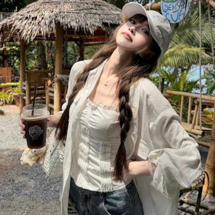 오래된 돈 바람 느슨함 센스 모방 아마 화이트 셔츠 맨위 여성 프랑스식 익스트림 제인 주간 실크 마이크로 ~을 통해 얇고 가벼운 자외선 차단 재킷 상세 이미지 3