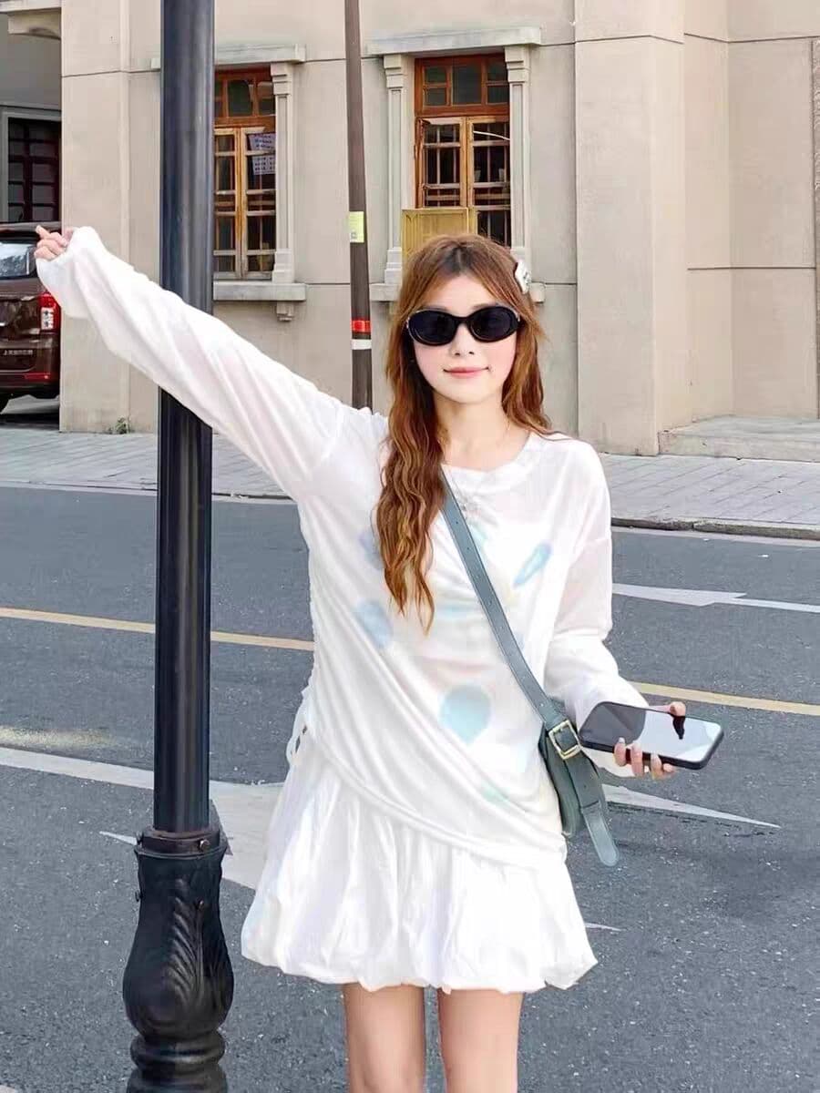 꽃 블루스 프린트 얇은 스타일 자외선 차단 블라우스 여성 여름 얇은 스타일 루즈핏 마이크로 ~을 통해 어깨 긴팔 티셔츠 이미지 4
