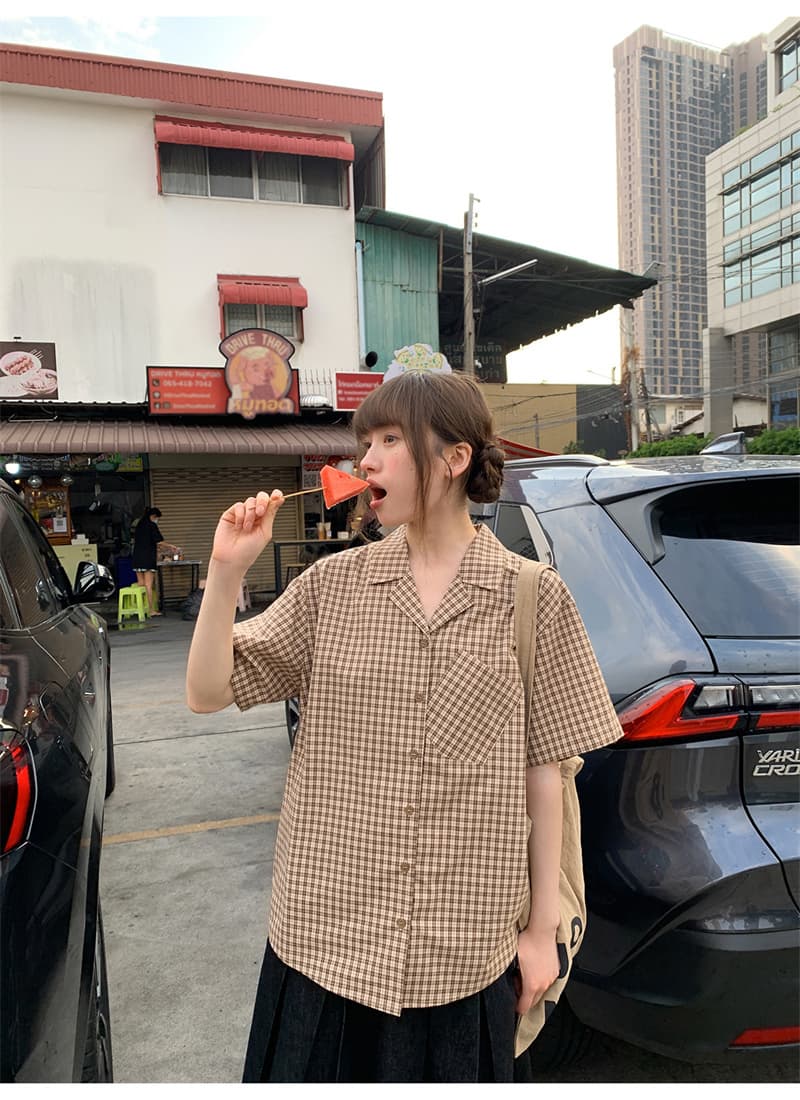 원본 1 1 생방송 품질 색상 체크무늬 느슨함 센스 반팔 여성 셔츠 여름 루즈핏 슬림해 보이는 출퇴근 맨위 상세 이미지 15