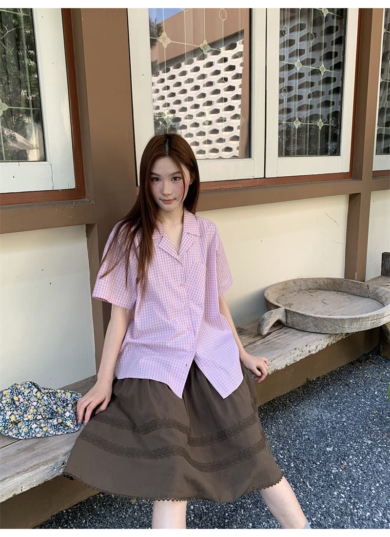 원본 1 1 생방송 품질 색상 체크무늬 느슨함 센스 반팔 여성 셔츠 여름 루즈핏 슬림해 보이는 출퇴근 맨위 상세 이미지 21