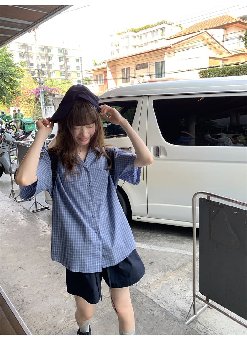 원본 1 1 생방송 품질 색상 체크무늬 느슨함 센스 반팔 여성 셔츠 여름 루즈핏 슬림해 보이는 출퇴근 맨위 상세 이미지 23