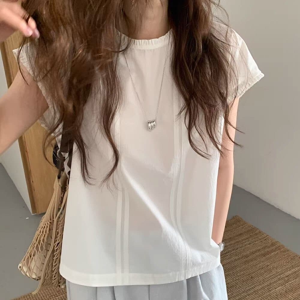 한국 스타일 반팔 레트로 라운드 넥 셔츠 셔츠 여성 의류 여름 얇은 스타일 다용도 캐주얼 민소매 문예 패션 작은 셔츠 상세 이미지 12